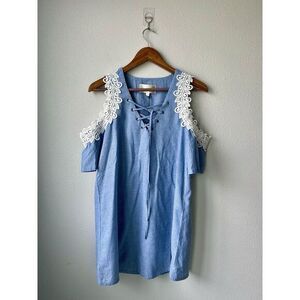 J.O.A Blue & White Striped Lace Trimmed Cotton Summer/Spring Dress Medium‎
